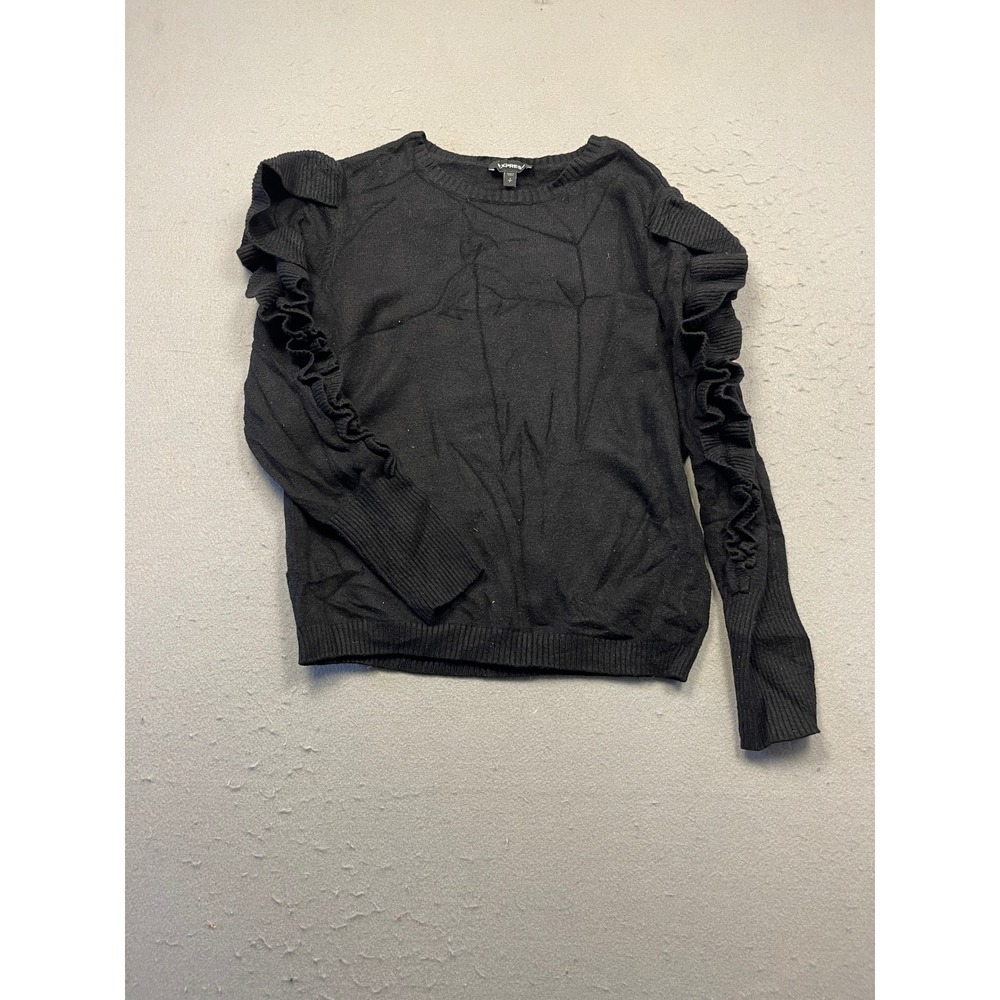 Express Sweater Ruffle Shoulder Knit Black Small Small Womens